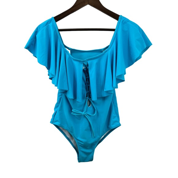 NEW Tempt Me Bathing Suit One Piece Turquoise Blue Ruffle Front Women's Size S - Picture 4 of 10